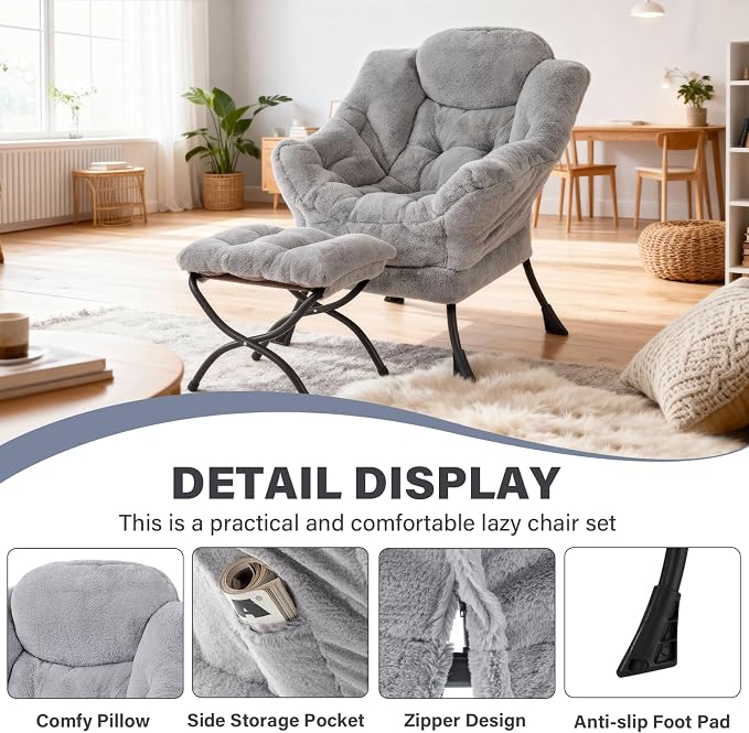 Lazy Chair with Ottoman, Modern Accent Lounge Leisure Sofa with Armrests, Reading Chair and Folding Footstool for Living Room, Bedroom, Office, Plush Grey