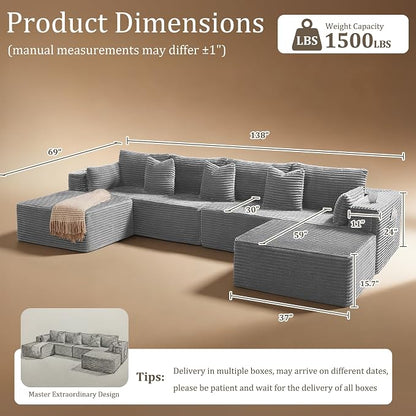 138" Cloud Sectional Couch, Comfort U Shaped Sofa for Living Room, Extra Deep Seats No Assembly, Minimalist Modular Couch, Corduroy (Light Grey, 6 Seats,U-Shape A)