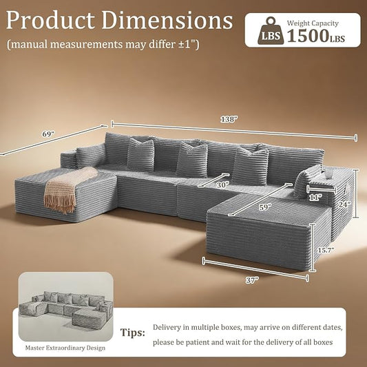 138" Cloud Sectional Couch, Comfort U Shaped Sofa for Living Room, Extra Deep Seats No Assembly, Minimalist Modular Couch, Corduroy (Light Grey, 6 Seats,U-Shape A)