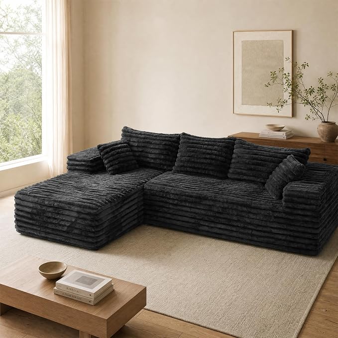 2" Corduroy Boneless Couches for Living Room, L Shape Sofa with Chaise | 102.4" Modular Sectional Sofa, Cloud Couch Sectional with Deep Seat, No Assembly, Black, Left Chaise