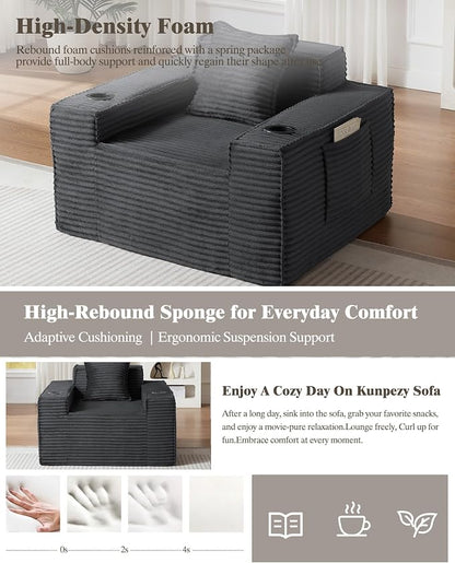 61" Boneless Sofa Couches with Cup Holder,2 Seat Loveseat Sofas with Side Pocket for Compact Living Rooms, Apartments (Deep Gray, Loveseat Sofa)