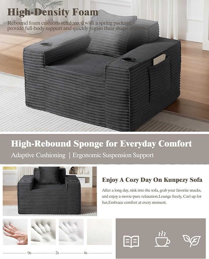43.3" Boneless Chair with Cup Holder,Oversize Accent Chair with Side Pocket, Large Reading Sofa Chair for Compact Living Rooms, Apartments (Deep Gray, Single Sofa Chair)