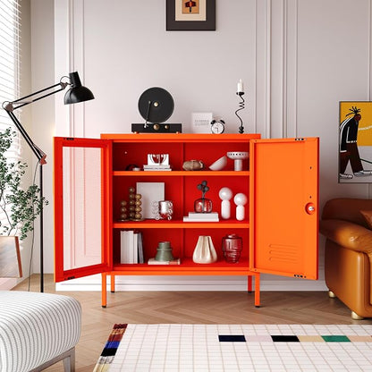 Locking Steel Storage Cabinet Shoe Cabinet for Living Room Bathroom Kitchen Left Wire Mesh Door Right Iron Door Orange Size：33" H x 29.5" W x 13.8" D