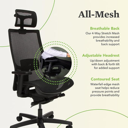 HON Ignition 2.0 Ergonomic Office Chair with Headrest, Mesh Desk Chair with Lumbar Support, Synchro‑Tilt Recline, Height and Width Adjustable Arms, Swivel Wheels, Black Frame, Black