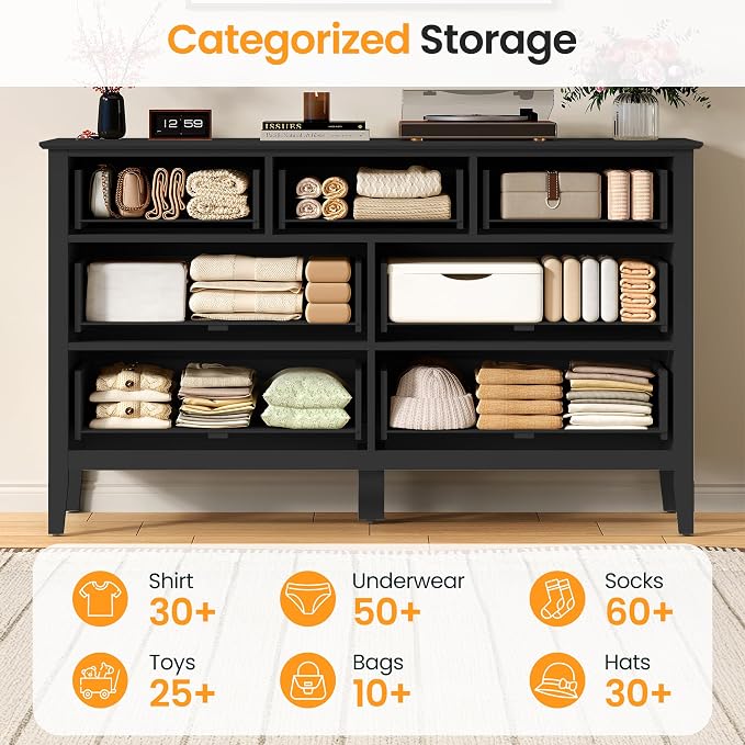 RoyalCraft 7 Drawer Dresser for Bedroom, 53" Wide Modern Wooden Chest of Drawers with Metal Handles, Painted Surface, Sturdy and Stable Storage Cabinet for Living Room, Black