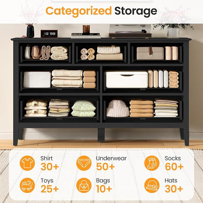 RoyalCraft 7 Drawer Dresser for Bedroom, 53" Wide Modern Wooden Chest of Drawers with Metal Handles, Painted Surface, Sturdy and Stable Storage Cabinet for Living Room, Black