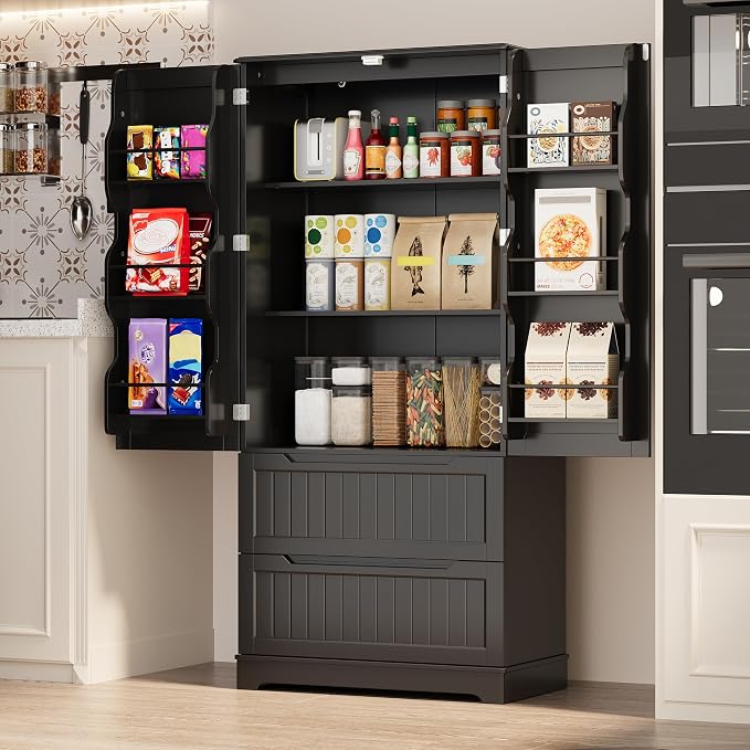 Gizoon Kitchen Storage Cabinets with Drawers Freestanding Kitchen Pantry with Doors and Shelves, 63" Food Pantry Cabinet for Dining Room Craft Room, Black, Painted