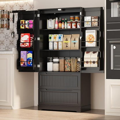 Gizoon Kitchen Storage Cabinets with Drawers Freestanding Kitchen Pantry with Doors and Shelves, 63" Food Pantry Cabinet for Dining Room Craft Room, Black, Painted