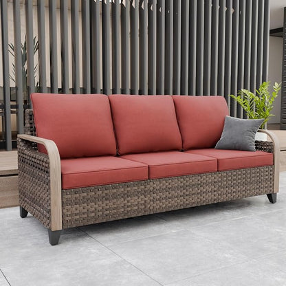 Modern Wicker Patio Sofa, Rattan Outdoor Couch for Small Balcony, 3 Seat Couch Furniture Set for Garden Deck Backyard, Brown/Red