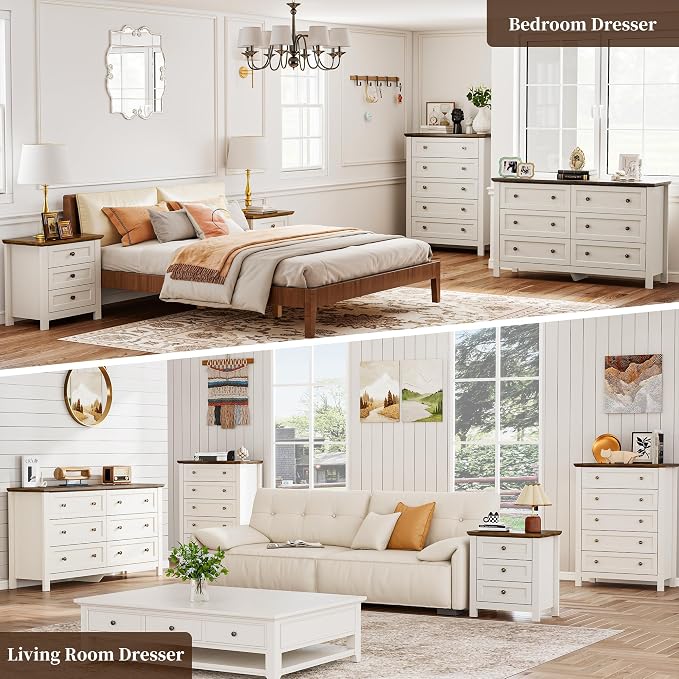 Farmhouse Dresser Nightstand Sets, 4-Piece Bedroom Furniture Set for Home | 5/6 Drawer Dresser Closet & 3 Drawer Nightstand Set of 2, Chest of Drawers for Bedroom, Living Room, Entryway, Antique White