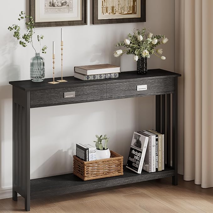 ChooChoo 47" Black Entryway Table with Drawer, Narrow Console Table with Storage Shelf, Sofa Table for Living Room, Entryway, and Hallway