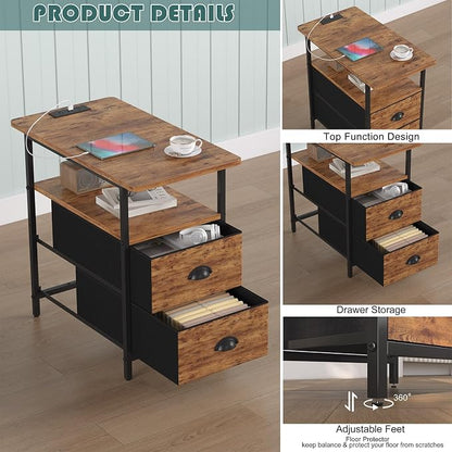 sthmec End Table with Charging Station, Narrow Side Table with 2 Drawers, LED Nightstands with Drawers, USB Ports&Power Oulets,Slim Sofa Side Tables for Small Spaces,Living Room,Bedroom,Rustic Brown