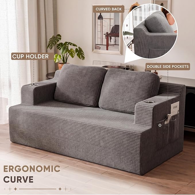 Homall 67” Boneless Sofa Couch with 2 Pillows Extra Deep Seats, Corduroy Fabric 3 Seater with Cup Holder & Storage Pocket Upholstered Floor Easy Installation (Grey, Loveseat)