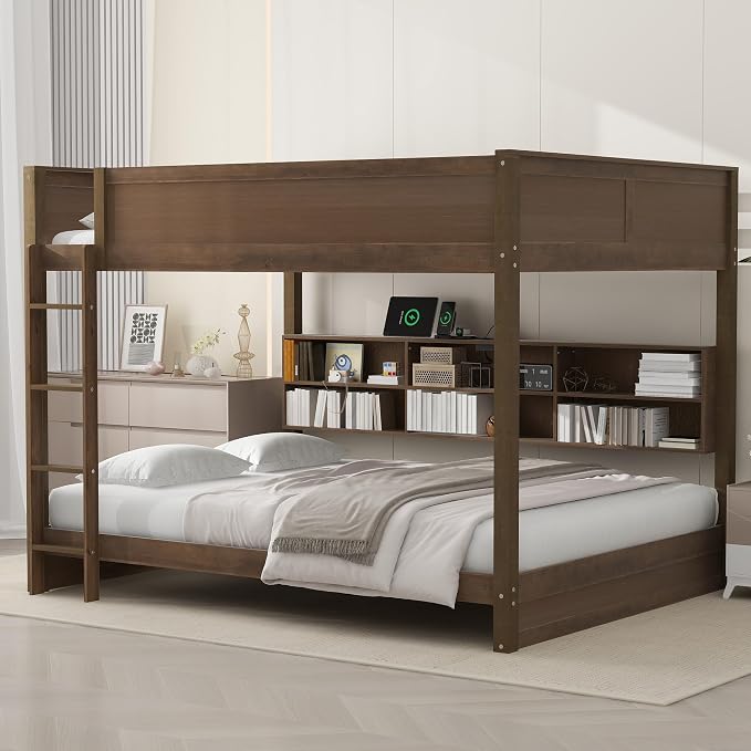 Wood Bunk Bed Queen over Queen Size with Built-in Storage Cabinets and USB Ports, Versatile Bunk Bed Frame with Ladder and Guardrail for Kids Teens Adult, Maximize Space (Antique Wood-9.30)