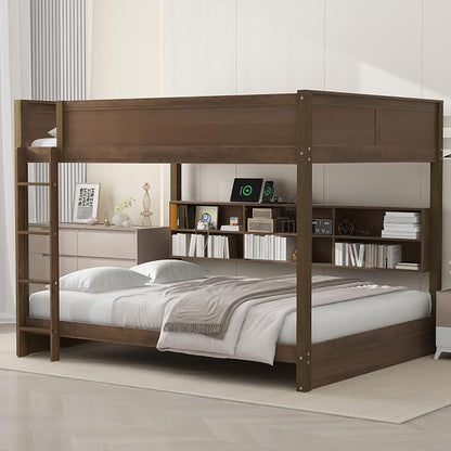 Wood Bunk Bed Queen over Queen Size with Built-in Storage Cabinets and USB Ports, Versatile Bunk Bed Frame with Ladder and Guardrail for Kids Teens Adult, Maximize Space (Antique Wood-9.30)
