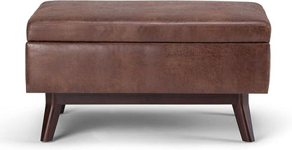 SIMPLIHOME Owen Coffee Table Storage Ottoman - 34" Wide x 19" High Upholstered Vegan Leather Rectangular Lift-Top Ottoman in Distressed Saddle Brown, Mid-Century Modern Bench with Tapered Legs
