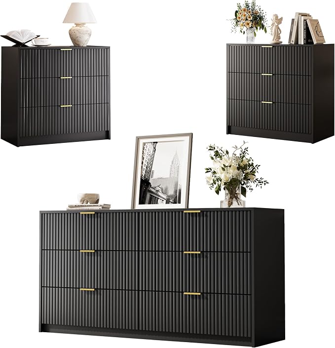 MAISONARIA 3-Piece Dresser Bedroom Set, 6 Drawer Dresser & 3 Drawer Nightstands with Gold Handles, Fluted Wood Chest of Drawers for Bedroom, Living Room, Entryway, Black
