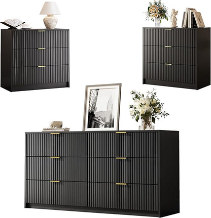 MAISONARIA 3-Piece Dresser Bedroom Set, 6 Drawer Dresser & 3 Drawer Nightstands with Gold Handles, Fluted Wood Chest of Drawers for Bedroom, Living Room, Entryway, Black
