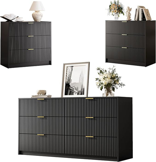 MAISONARIA 3-Piece Dresser Bedroom Set, 6 Drawer Dresser & 3 Drawer Nightstands with Gold Handles, Fluted Wood Chest of Drawers for Bedroom, Living Room, Entryway, Black