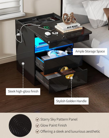 LED Nightstand with Gun Drawer, Modern Bedside Table with 3-Color Lights & Human Sensor, Smart Night Stand with Charger Station, 2 Drawers End Table for Bedroom, Black