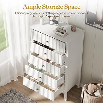 RoyalCraft White Fluted 5 Drawer Dresser for Bedroom, Tall Chest of Drawers, Waterproof Lacquered Desktop,Modern Wood Storage Cabinet for Living Room