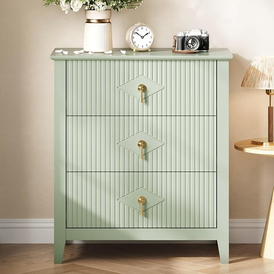 GarveeHome Fluted Dresser for Bedroom, 27.5" Wide 3-Drawer Wood Dresser, Modern Chest of Drawers, Storage Organizer Cabinet for Living Room, Hallway, Entryway, Green
