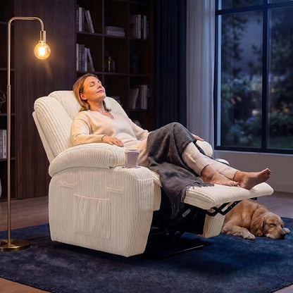 Flamaker Power Lift Chair Massage Recliner Chairs for Elderly, Corduroy Ergonomic Design with Cup Holders & Side Pockets, Remote Control (White)