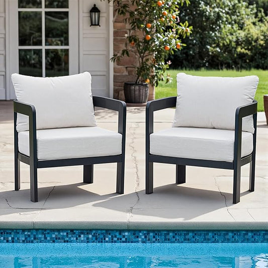 Outdoor Furniture Set, 2Pcs Patio Armchairs, Metal Modern Outside Furniture with 6'' Thick Cushions, Outdoor Conversation Set Balcony Chairs for Backyard, Porch,Deck, White