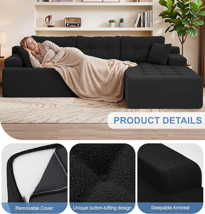 Hobestluk Modular Sectional Sofa Couches L-Shape Couch 3 Seat Modular Sofa Memory Foam Sectional Couches for Living Room, Cloud Couch with Oversized Chaise (Black Tufted, 108", Right Hand Facing)