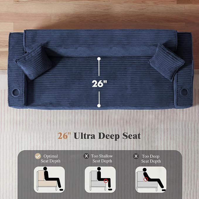 2 Pcs Living Room Cloud Sofa Set,Boneless 3 Seat Sofa Couch with Cup Holder and Side Pocket for Compact Living Rooms, Apartments (Blue, Single Chair + 3 Seat Sofa)