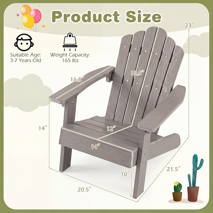 Giantex Kids Adirondack Chair, All-Weather HIPS Children's Outdoor Chair with Tilted High Backrest, Toddler Beach Chair for Garden Patio Backyard, Kids Lawn Chairs for Age 3-7 (1,Gray)
