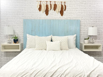 Barn Walls Baby Blue Headboard, Cottage Design Weathered, Solid Wood Headboard Floating Panels Wall Mount, Adjustable Height Easy Assembly, Queen Size