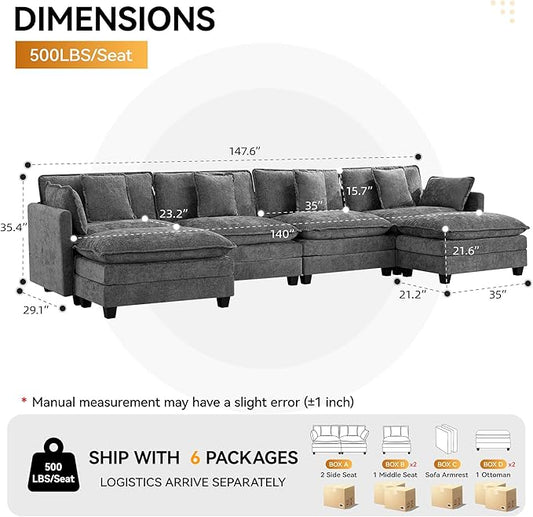 147'' Sectional Cloud Deep Seat Couch, Oversized Chenille U Shaped Sectional Sofa for Living Room Set, Comfy Upholstered Modular Sectional Sofa Couch with 2 Movable Ottoman, Grey