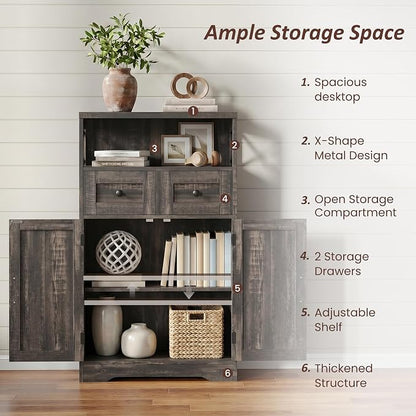 Befrases Farmhouse Storage Cabinet with Drawers and Shelf, Freestanding Kitchen Pantry Storage Cabinet, Floor Hutch Cupboard for Kitchen, Living Room, Home Office, Dark Rustic Oak