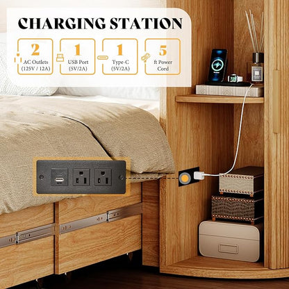 AMERLIFE Full Murphy Bed with Storage Bedside Shelves & Sliding Tambour Door, Modern Cabinet Bed with Charging Station & Curved Fluted Design for Bedroom/Guest/Home Office, Natural Oak