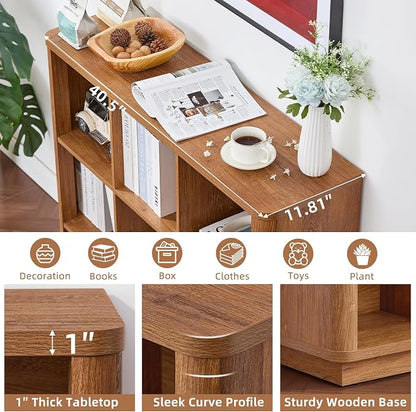 Joaxswe 6 Cube Storage Book Shelf, 40" Wide Low Horizontal Bookcase with Curved Edge, Floor Standing 2-Tier Wooden Bookshelf with Base, Modern Short Book Case for Bedroom, Study, Entryway, Brown