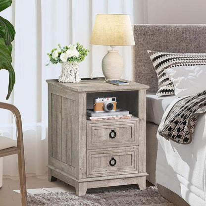 Joaxswe 18" Farmhouse Night Stand with Charging Station, 2 Drawers End Table Dresser for Bedroom, Oak Wooden Nightstand, Bed Side Table with Open Shelf, Bedside Cabinet for Living Room, Closet