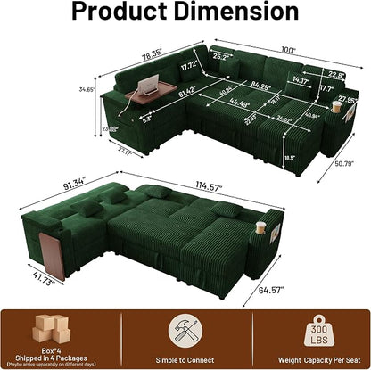 L-Shaped Sectional Sleeper Sofa with Pull Out Bed, Green | Plush Corduroy, Reclining Backrest, Storage Chaise, Usb Ports, Cup Holders & Table – Modular Cloud Couch for Living Room