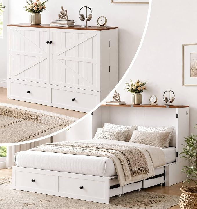 PUREMIND Murphy Bed Full, Farmhouse Frames Cabinet Beds Chest with Charging Station & Storage Drawers, Convertible Hideaway Cabinet Bed for Guest Room, White, Without Mattress