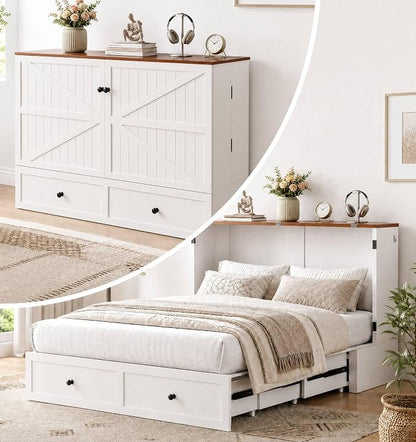 PUREMIND Murphy Bed Full, Farmhouse Frames Cabinet Beds Chest with Charging Station & Storage Drawers, Convertible Hideaway Cabinet Bed for Guest Room, White, Without Mattress