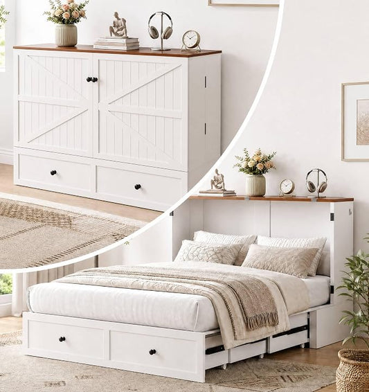 PUREMIND Murphy Bed Full with Mattress Included, Farmhouse Frame Cabinet Beds Chest with Charging Station & Storage Drawers, Convertible Hideaway Cabinet Bed for Guest Room, White