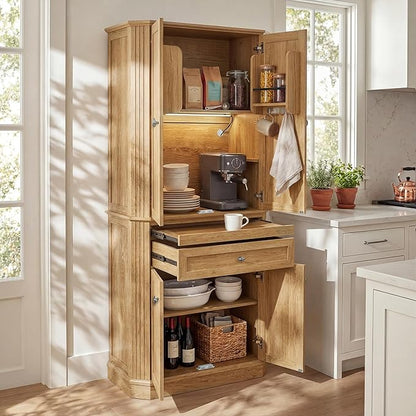 72.2" Tall Kitchen Pantry Cabinet with Doors, Farmhouse Storage Cabinet with Charging Station & LED Light, Drawer, Adjustable Shelves and Pull-Out Shelves, Oak Wood Pantry Cupboard for Dining Room