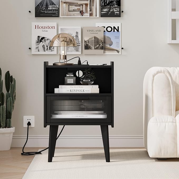 MMEOLUOOK Nightstand with Charging Station, Bedside Tables Set of 2, End Table Side Table with 2 Tiers Storage Space, for Bedroom, Living Room, Black MLBZ07BEV-2