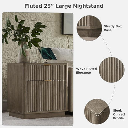 T4TREAM 23'' Fluted Nightstand with Charging Station, Large 2 Drawer Side Table, Modern End Table with Storage, Mid Century Bedside Table for Bedroom, Living Room, Curved Profile, Grey Alder