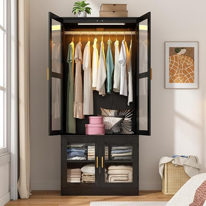 chartustriable 2 Doors Armoire Wardrobe Closet with LED,71" H Freestanding Wooden Wardrobe Closet Cabinet for Bedroom,Wooden Clothing Storage Cabinet with Hanging Rod,Closets for Bedroom(Black)