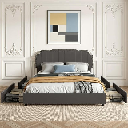 VECELO Full Bed Frame with 4 Storage Drawers & Upholstered Platform &Tufted Adjustable Headboard/Mattress Foundation/Wood Slat Support,Easy Assembly,Dark Grey