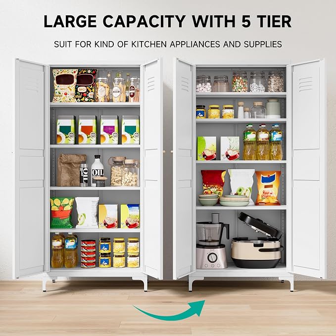 SISESOL Metal Storage Cabinet with Doors and Shelves,White Storage Cabinet with Leg & Vent Hole,Food Pantry Cabinets,5 Tier Metal Pantry,Tall Large Cupboard for Home,Kitchen,Dining/Living/Laundry Room