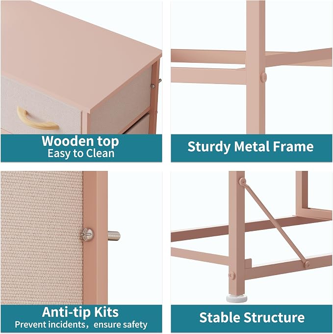 LUMTOK 10-Drawer Dresser, Fabric Storage Tower with Drawers for Bedroom, Dresser Drawer with Handle for Bedroom, Living Room, Hallway, Closets & Nurseryteel Frame, Wood Top (10 Drawer/Rose Gold)