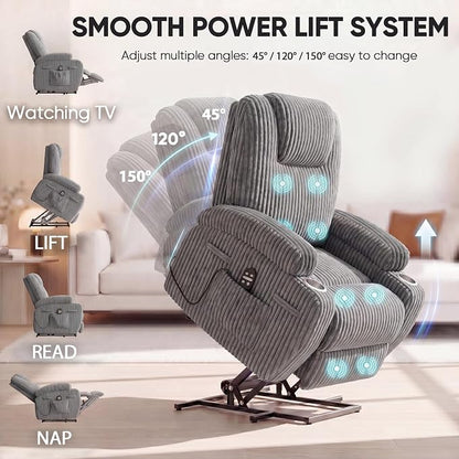 Flamaker Power Lift Chair Massage Recliner Chairs for Elderly, Corduroy Ergonomic Design with Cup Holders & Side Pockets, Remote Control (Dark Gray)