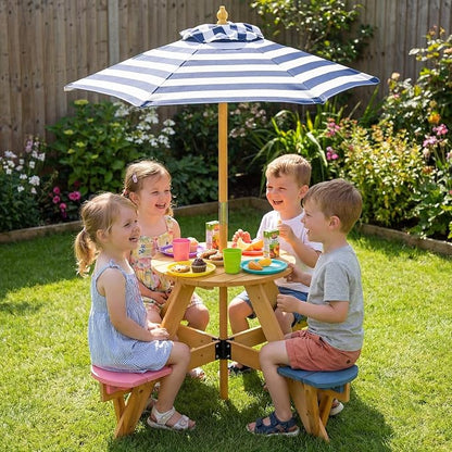 Costzon Kids Picnic Table, 4-Person Wooden Toddler Outdoor Table & Stool Set with Adjustable Umbrella, Wooden Kids Outdoor Furniture for Patio Backyard Lawn Garden